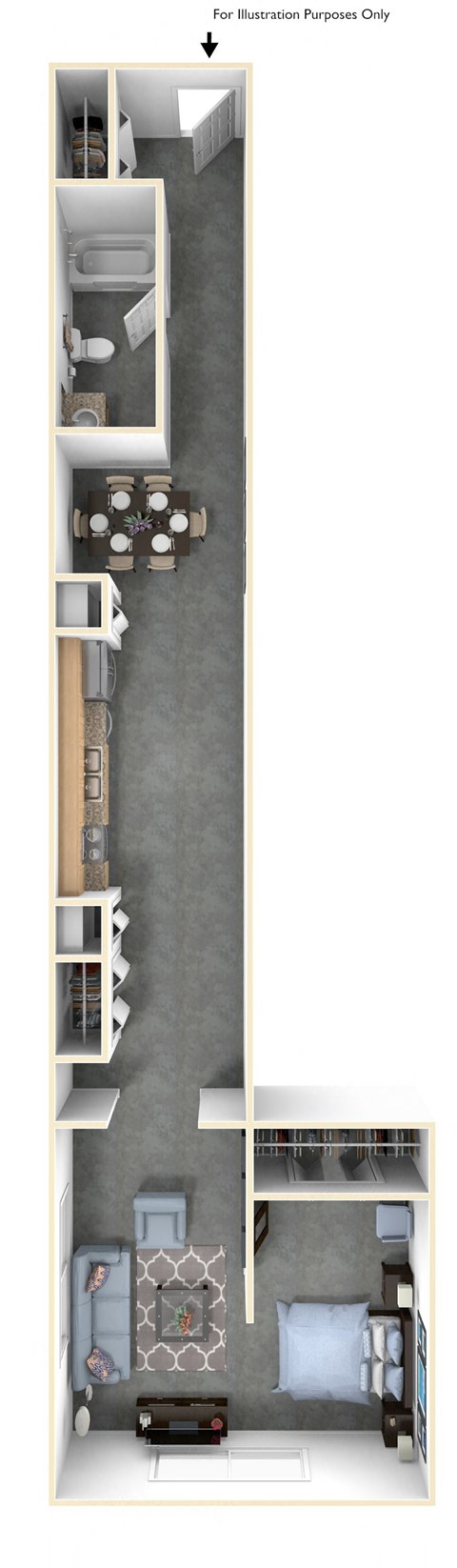 a stylized floor plan of a 1 bedroom apartment